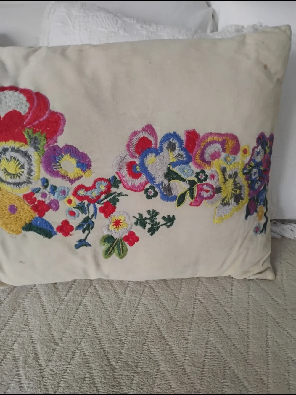 Johnny Was Cream Pillow with Multicolor Embroidered Floral Design